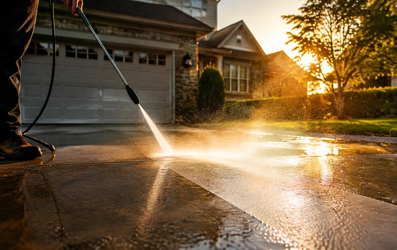 Pressure washing a driveway